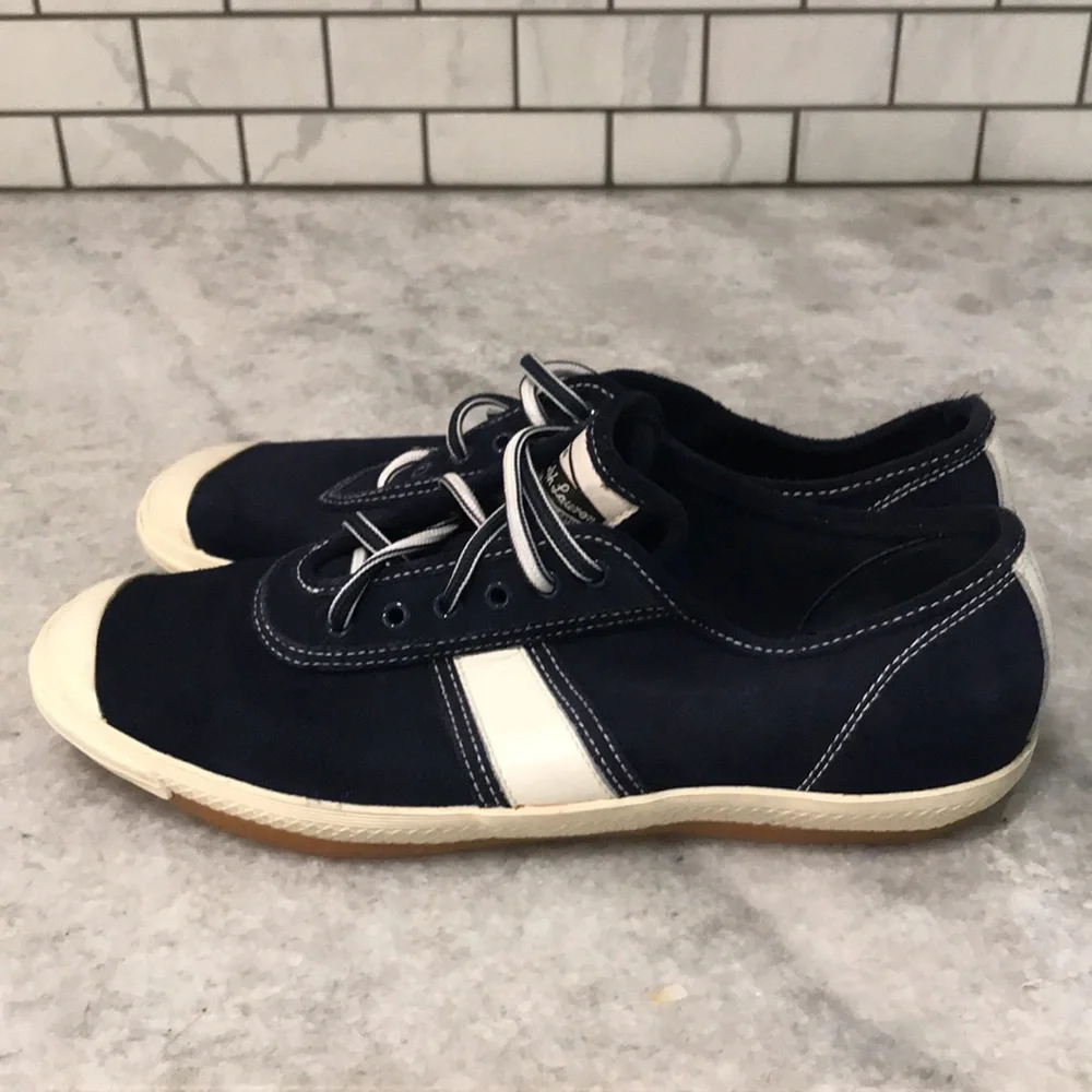 Vintage Polo Ralph‎ Lauren Sport Sneakers Mens 7.5 Navy Blue White Leather Retro